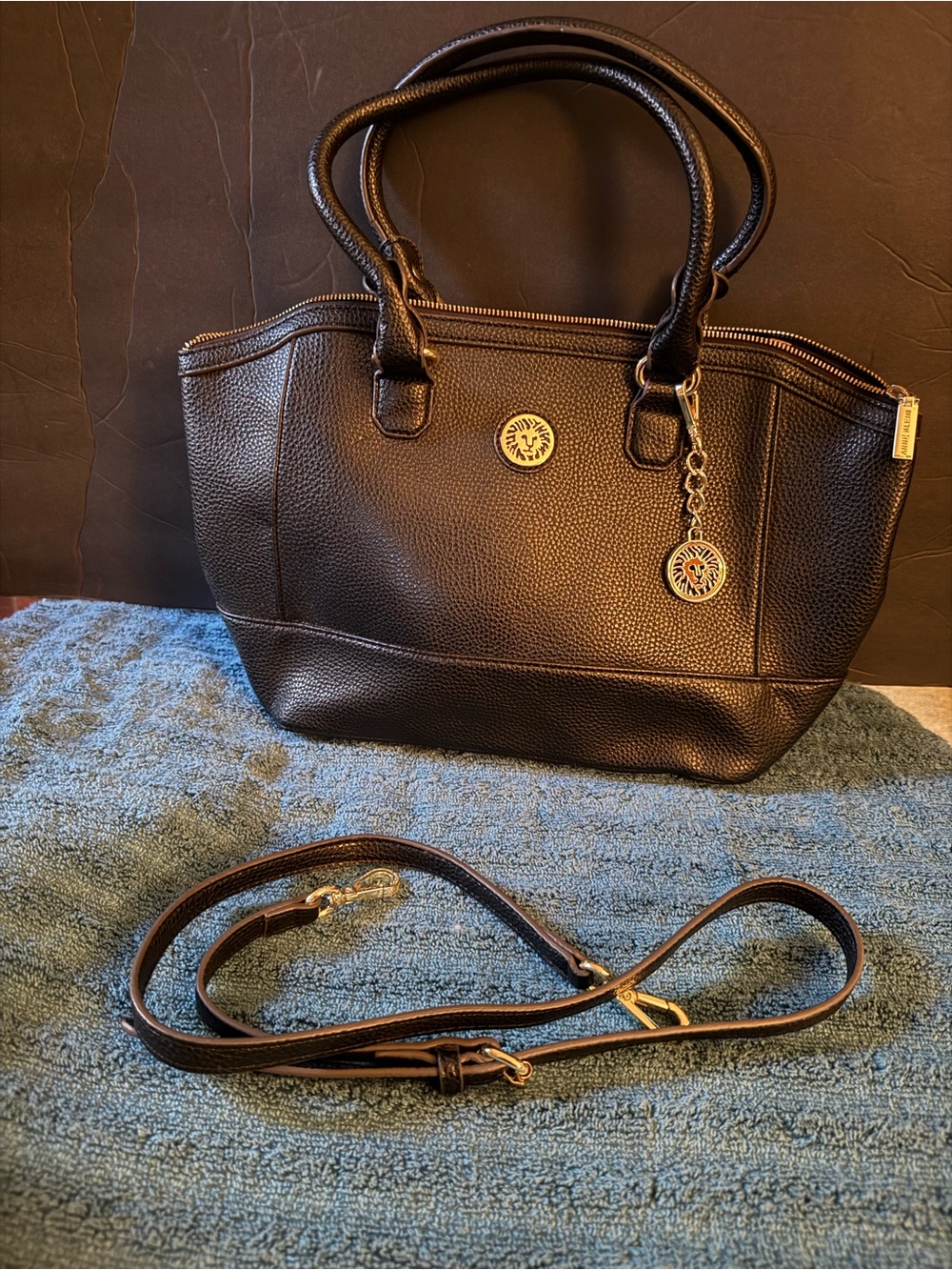 Anne Klein Black Pebble Leather Satchel with Gold Accents